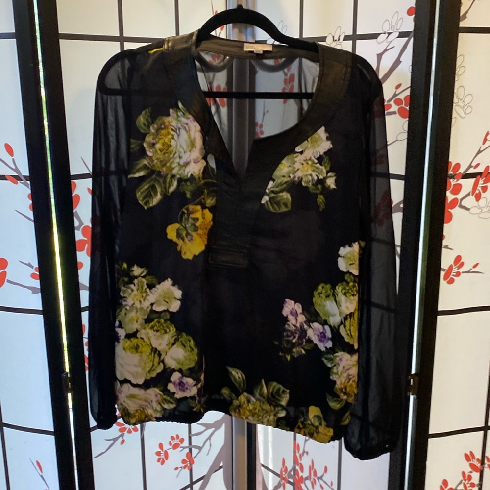 Linea Domani shear black floral blouse.